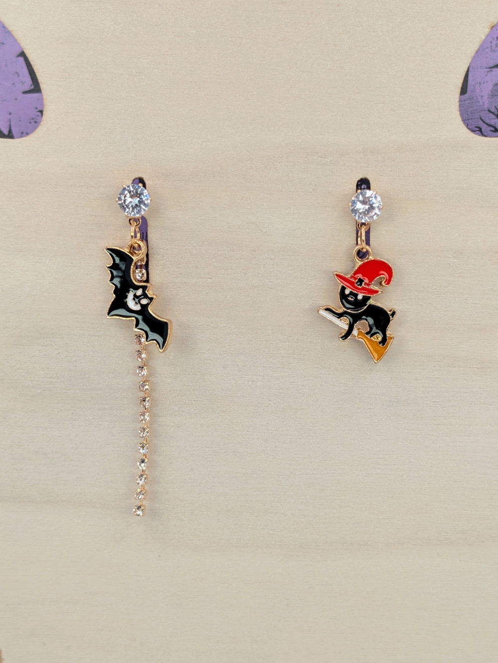 Black Bat and Witch Halloween Assymetrical Dangle Stud Earrings
